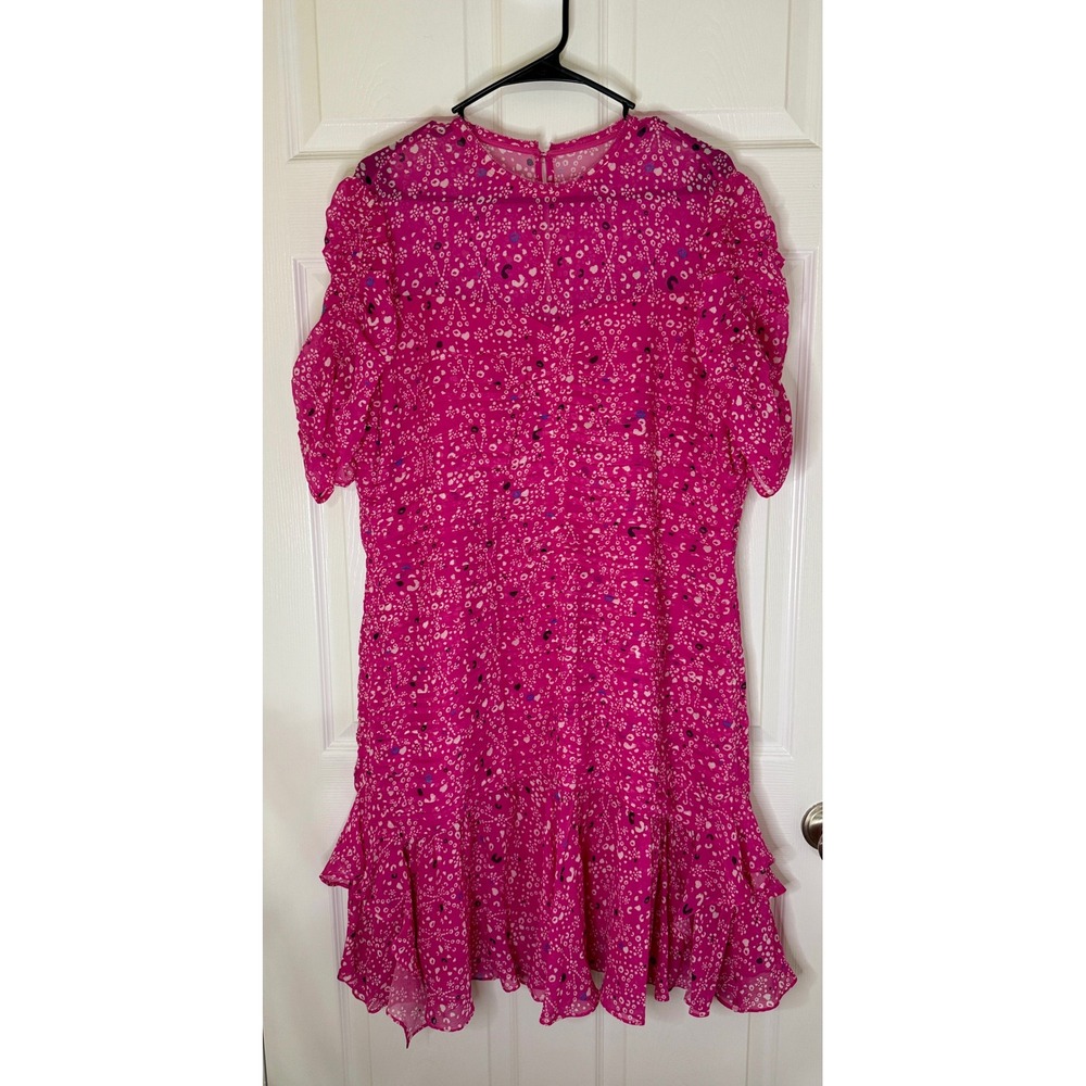 Tanya Taylor Carti Dress Women 16 Pink New Floral Chiffon Ruffle‎ Ruched Sleeve